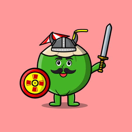 Cute cartoon character Young coconut viking pirate with hat and holding sword and shieldのイラスト素材