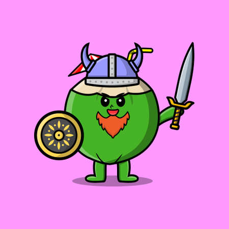 Cute cartoon character Young coconut viking pirate with hat and holding sword and shieldのイラスト素材