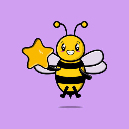 Cute cartoon bee character holding big golden star in cute modern style designのイラスト素材