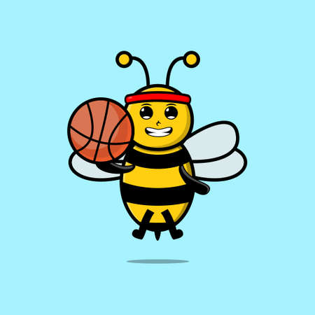 Cute cartoon bee character playing basketballのイラスト素材