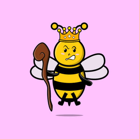 Cute cartoon bee mascot as wise king with golden crown and wooden stickのイラスト素材