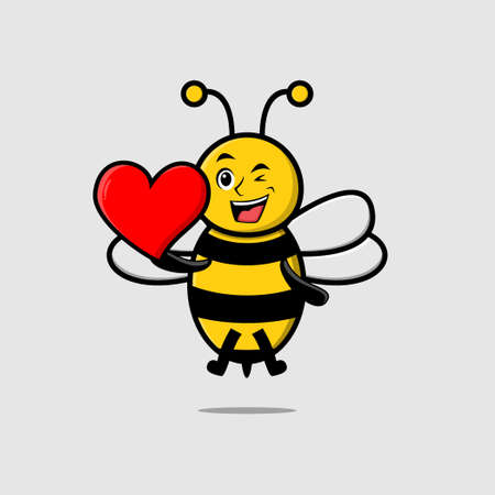 Cute cartoon bee character holding big red heart in modern style designのイラスト素材