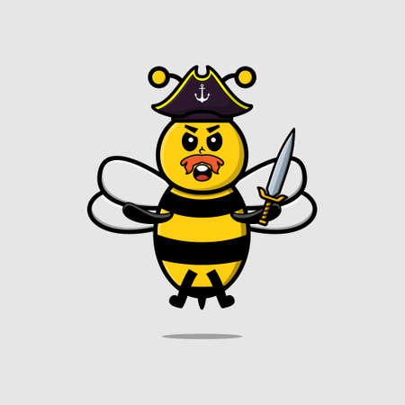 Cute cartoon mascot character bee pirate with hat and holding sword in modern designのイラスト素材