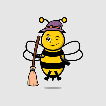 Cute cartoon witch shaped bee character with hat and broomstickのイラスト素材