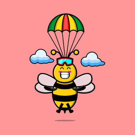 Cute mascot cartoon Bee is skydiving with parachute and happy gesture cute modern style designのイラスト素材