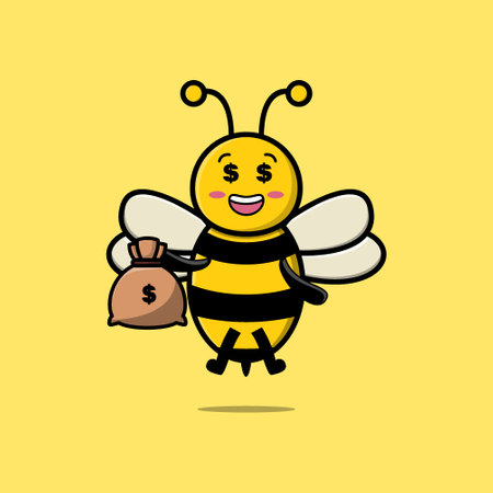 Cute cartoon Crazy rich bee with money bag shaped funny in modern designのイラスト素材