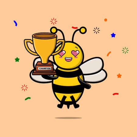 Cute Cartoon character illustration of bee is holding up the golden trophy with happy gestureのイラスト素材