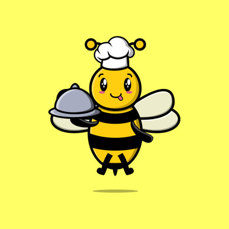 Cute Cartoon chef bee mascot character serving food on tray cute style designのイラスト素材