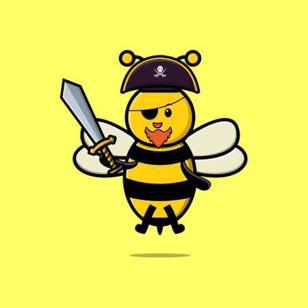 Cute cartoon mascot character bee pirate with hat and holding sword in modern designのイラスト素材