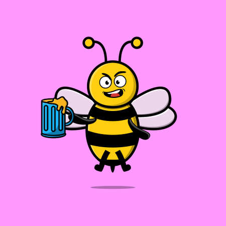 Bee cartoon mascot character with beer glass and cute stylish designのイラスト素材