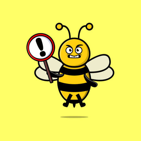 Cute cartoon illustration bee with exclamation sign boardのイラスト素材