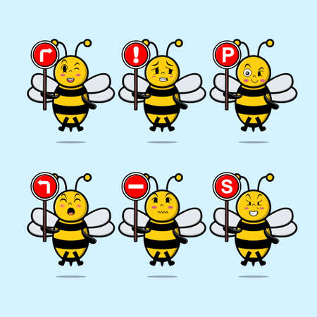 Cute bee cartoon character holding traffic sign in modern 3d style designのイラスト素材
