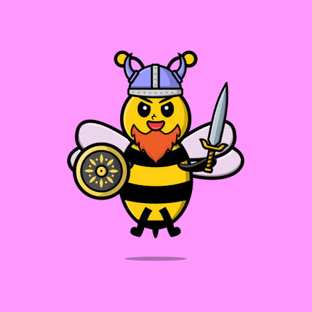 Cute cartoon character Bee viking pirate with hat and holding sword and shield in cute modern styleのイラスト素材