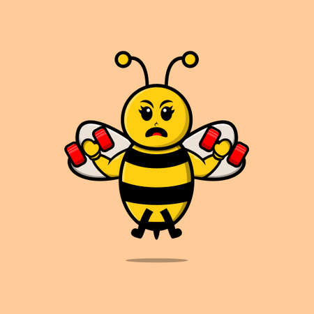Cute cartoon bee character is fitness with barbell in modern style designのイラスト素材