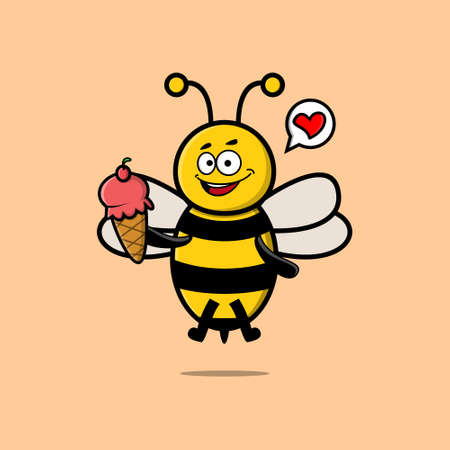 Cute Cartoon bee character holding ice cream coneのイラスト素材