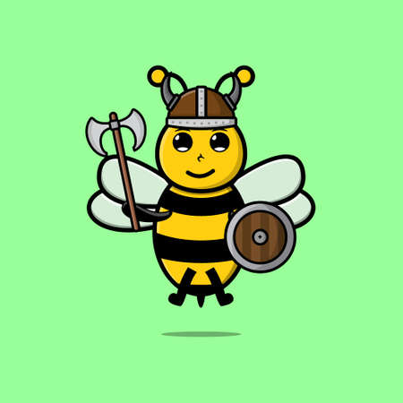 Cute cartoon character Bee viking pirate with hat and holding ax and shield in modern designのイラスト素材
