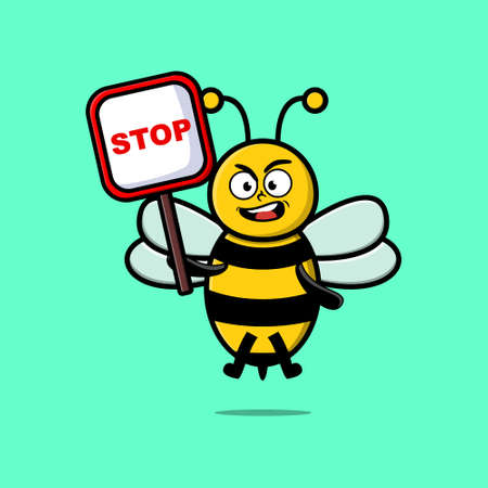 Cute Cartoon mascot illustration bee with stop sign board vector drawing cute modern style designのイラスト素材