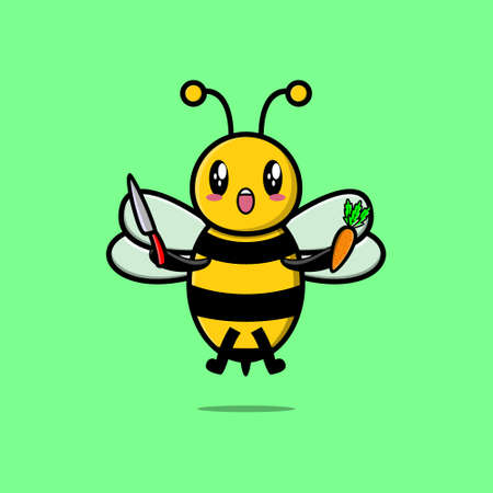 Cute cartoon bee character holding knife and carrot in modern style designのイラスト素材