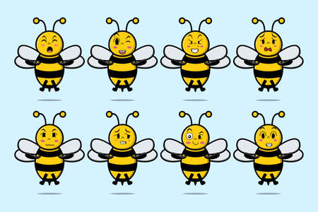 Set kawaii bee cartoon character with different expressions of cartoon face vector illustrationsのイラスト素材