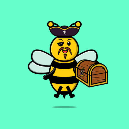 Cute cartoon character Bee pirate with treasure box in modern style designのイラスト素材