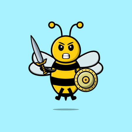 Cute cartoon character Bee holding sword and shield in modern style designのイラスト素材