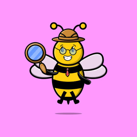 Cute cartoon character Bee detective is searching with magnifying glass and cute style designのイラスト素材