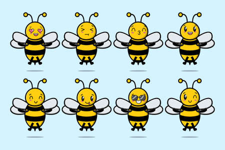 Set kawaii bee cartoon character with different expressions of cartoon face vector illustrationsのイラスト素材