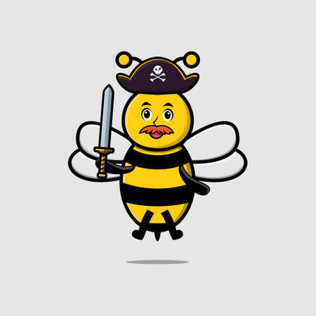 Cute cartoon mascot character bee pirate with hat and holding sword in modern designのイラスト素材