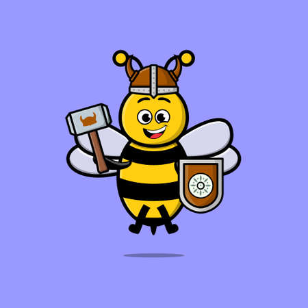 Cute cartoon character Bee viking pirate with hat and holding hammer and shield in cute styleのイラスト素材