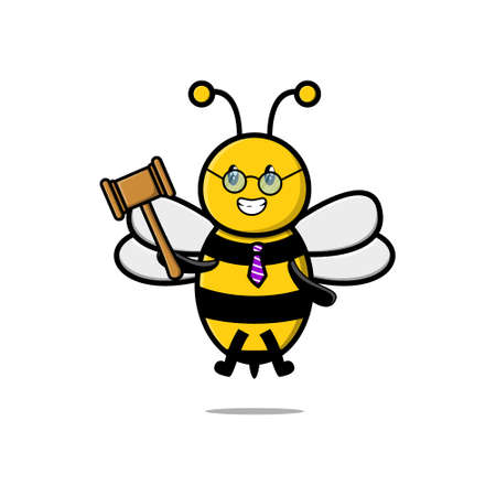 Cute cartoon mascot character wise judge bee wearing glasses and holding a hammerのイラスト素材