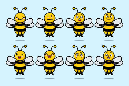 Set kawaii bee cartoon character with different expressions of cartoon face vector illustrationsのイラスト素材