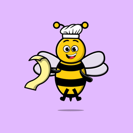 Cute cartoon bee chef character with menu in handのイラスト素材