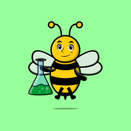 Cute cartoon mascot character bee as scientist with chemical reaction glass in cute modern styleのイラスト素材