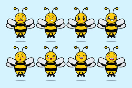 Set kawaii bee cartoon character with different expressions of cartoon face vector illustrationsのイラスト素材