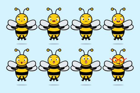 Set kawaii bee cartoon character with different expressions of cartoon face vector illustrationsのイラスト素材