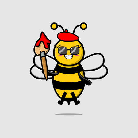 Cute cartoon character Bee painter with hat and a brush to draw in cute design style designのイラスト素材