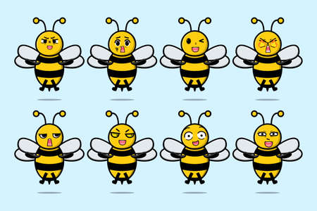 Set kawaii bee cartoon character with different expressions of cartoon face vector illustrationsのイラスト素材