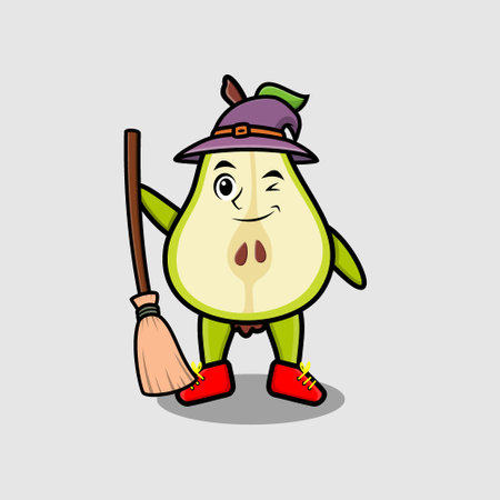 Cute cartoon witch shaped pear fruit character with hat and broomstickのイラスト素材