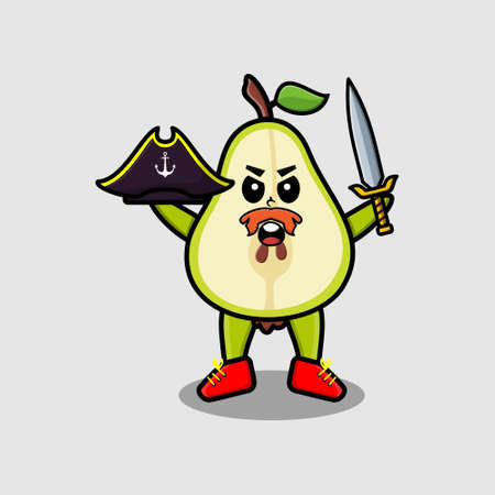 Cute cartoon mascot character pear fruit pirate with hat and holding sword in modern designのイラスト素材