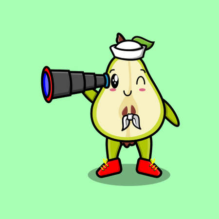 Cute cartoon pear fruit sailor with hat and using binocular cute modern style designのイラスト素材