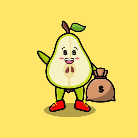 Cute cartoon Crazy rich pear fruit with money bag shaped funny in modern designのイラスト素材