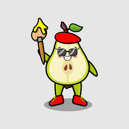 Cute cartoon character Pear fruit painter with hat and a brush to draw in cute design style designのイラスト素材