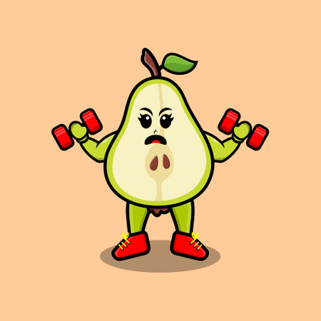 Cute cartoon pear fruit character is fitness with barbell in modern style designのイラスト素材