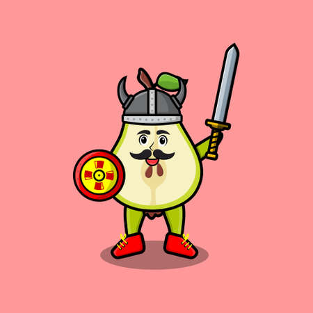 Cute cartoon character Pear fruit viking pirate with hat and holding sword and shieldのイラスト素材
