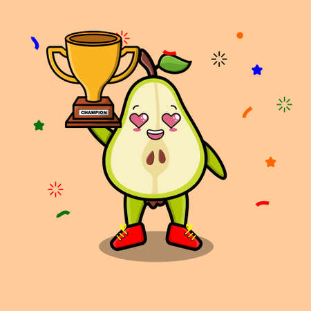 Cute Cartoon character illustration of pear fruit holding up the golden trophy with happy gestureのイラスト素材