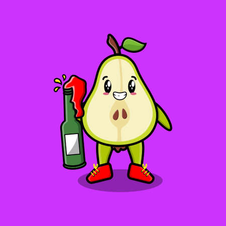 Cute cartoon character Pear fruit with soda bottle in modern cute style designのイラスト素材