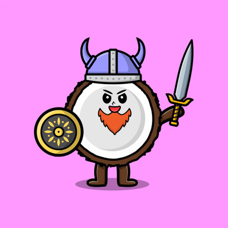 Cute cartoon character Coconut viking pirate with hat and holding sword and shield in cute modern style designのイラスト素材