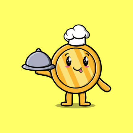Cute Cartoon chef gold coin mascot character serving food on tray cute style designのイラスト素材