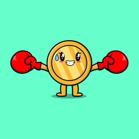 Cute Gold coin mascot cartoon playing sport with boxing gloves and cute stylish designのイラスト素材