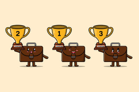 Set of cute cartoon suitcase holding trophy with happy expression in 3d modern style designのイラスト素材
